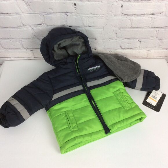 London Fog Boys Size 12 mo Fleece Lined Hooded Coat Green/Blue w/ Extra Beanie - Picture 1 of 9